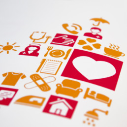 Composition graphique de pictogrammes illustrant les services d'aides et soins à domicile.