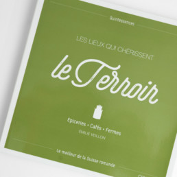 Couverture guide. Collection quintessence. Typographie calligraphique, pictogramme sur vert