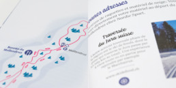 balade, livre, guide loisirs suisse romande, carte illustrée d'une balade en raquette et détail typographie