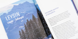 Page d'introduction, chapitre, région Leysin Vaud. Balade en raquette. Mise en page du guide.